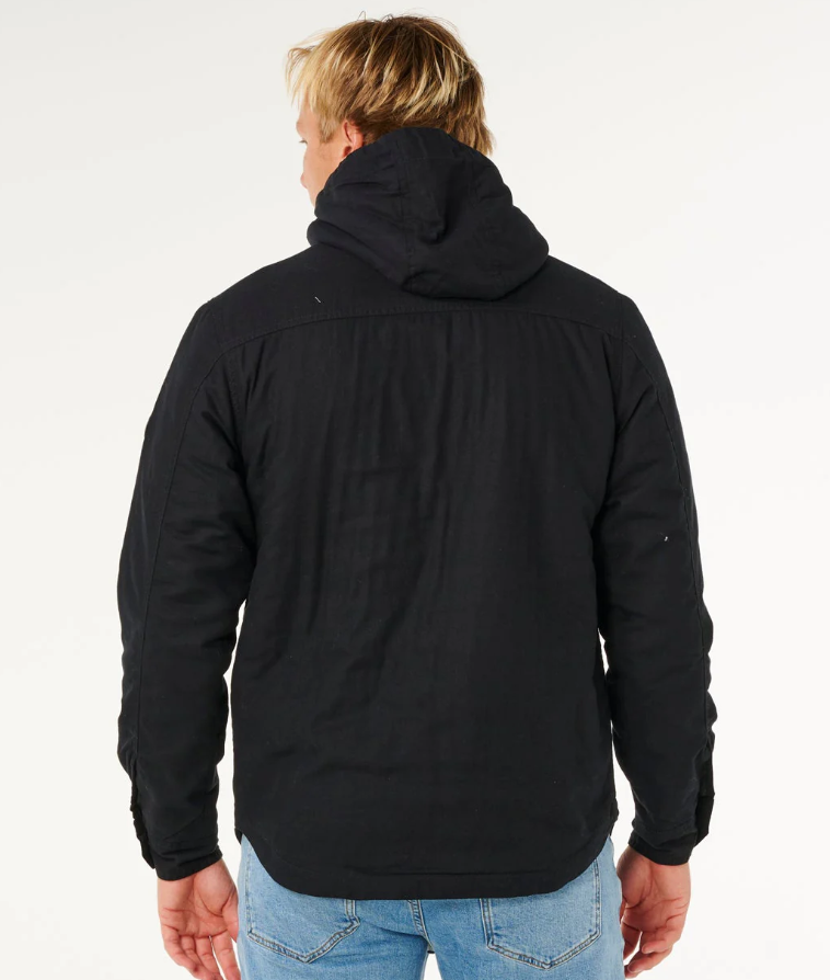 Rip Curl Classic Surf Gibbos Jacket in black on model in light blue denim jeans from rear
