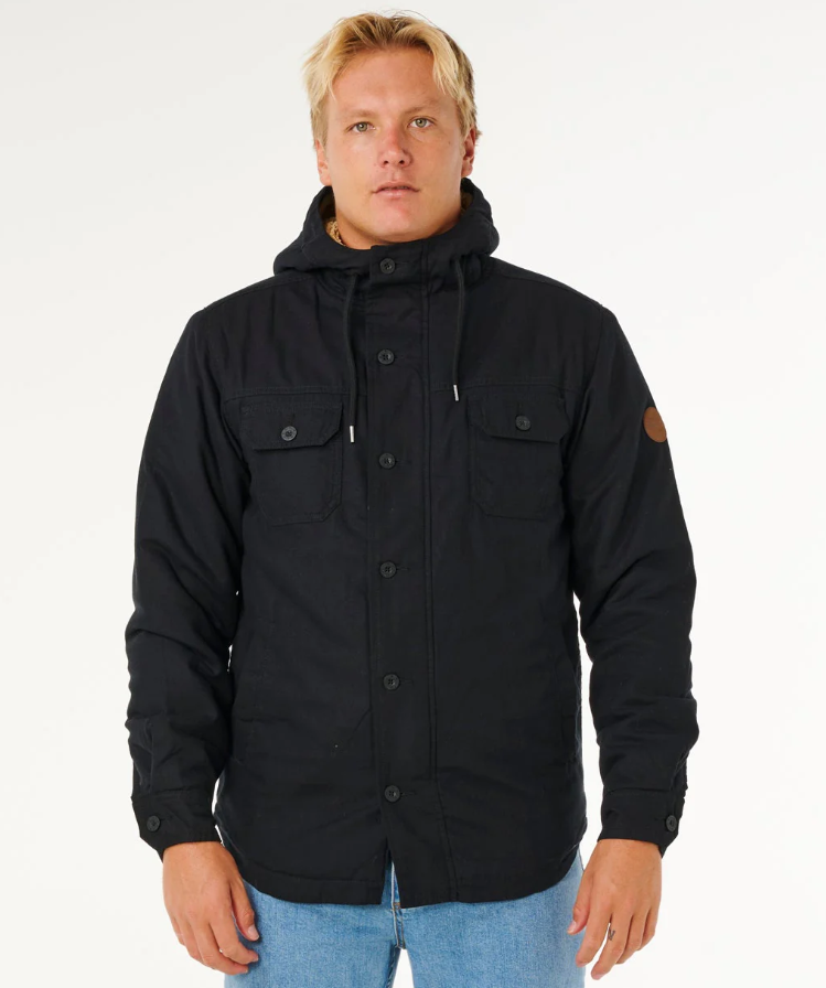 Rip Curl Classic Surf Gibbos Jacket in black on model in light blue denim jeans from front close up