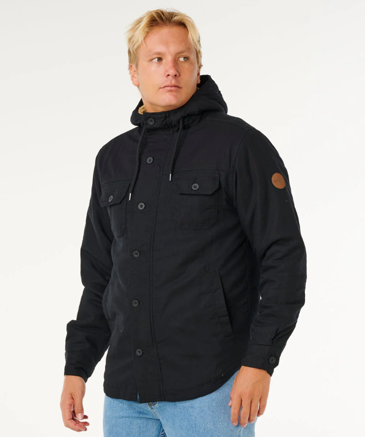 Rip Curl Classic Surf Gibbos Jacket in black on model in light blue denim jeans from side close up