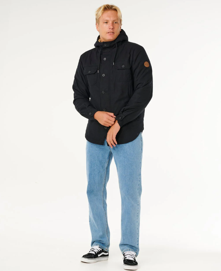 Rip Curl Classic Surf Gibbos Jacket in black on model in light blue denim jeans from front