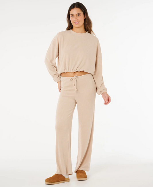 Rip Curl Cosy Cord Wide Leg Women's Pants in natural colourway on model in natural crew