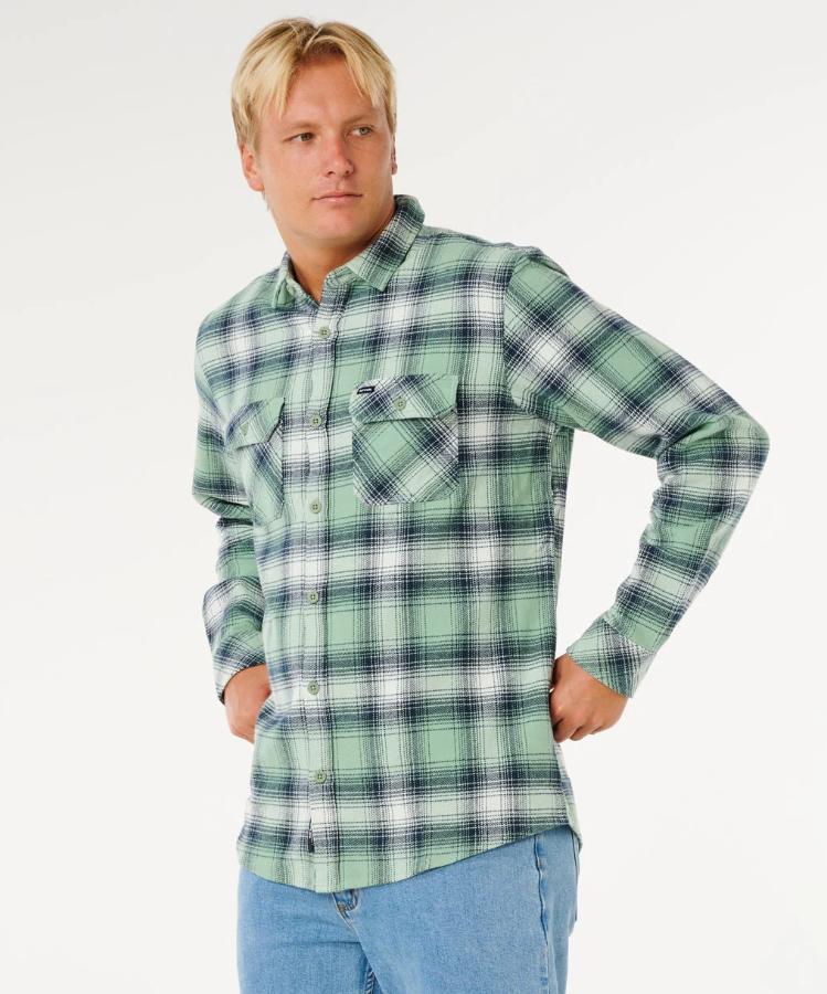 Rip Curl Count Flannel Long Sleeve Flannel Shirt in aloe green check from front/side view
