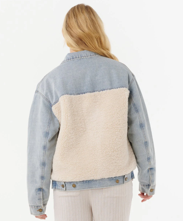 Rip Curl Cruisin' Sherpa Denim Jacket in washed blue with sherpa detailing on model from rear