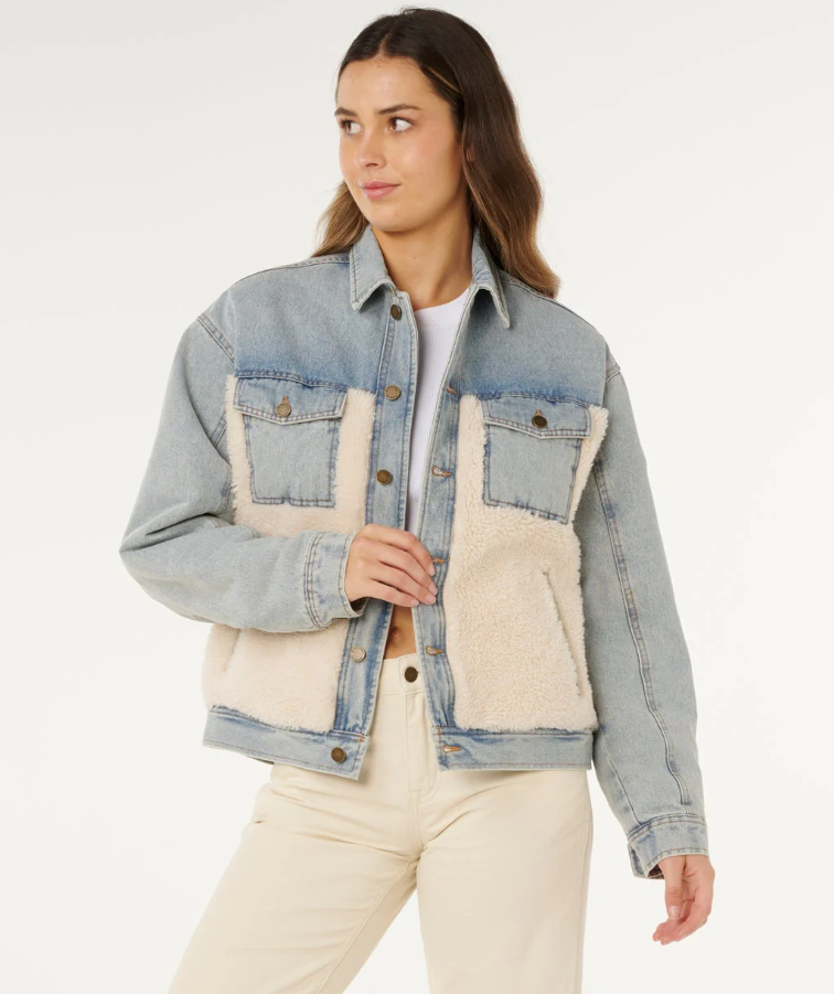 Rip Curl Cruisin' Sherpa Denim Jacket in washed blue with sherpa detailing on model from front close up