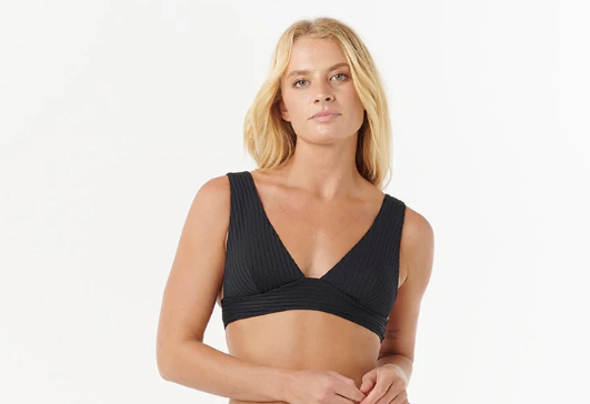 Rip Curl Premium Surf D/DD Deep V with Full Pant Bikini Set in black showing top from front