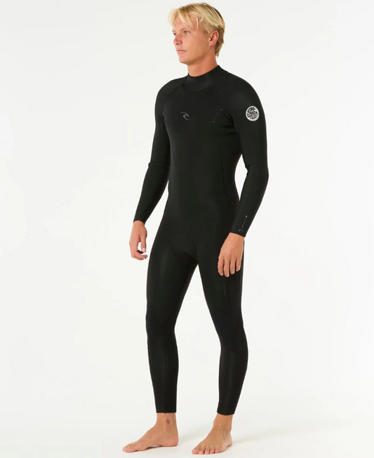 Rip Curl Dawn Patrol 3/2mm GBS Back Zip Wetsuit in black or Korbin Hutchings from front/side view