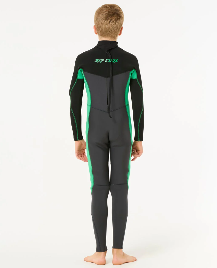 Rip Curl Dawn Patrol 3/2mm Back Zip GBS Wetsuit in black, charcoal and neon green on model from rear