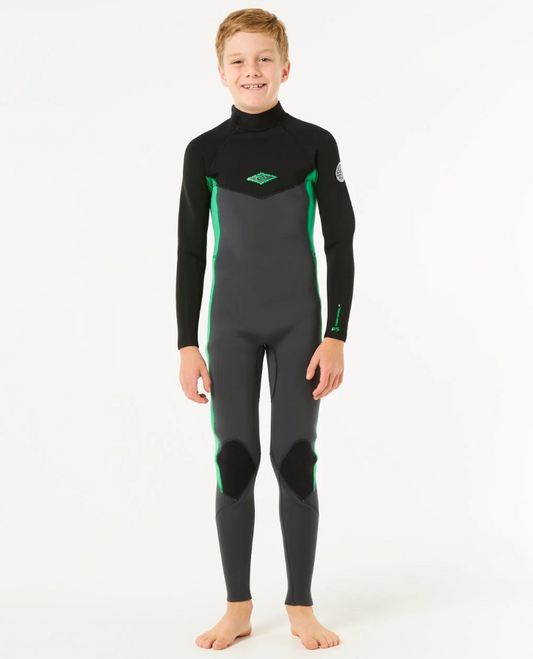 Rip Curl Dawn Patrol 3/2mm Back Zip GBS Wetsuit in black, charcoal and neon green on model from front