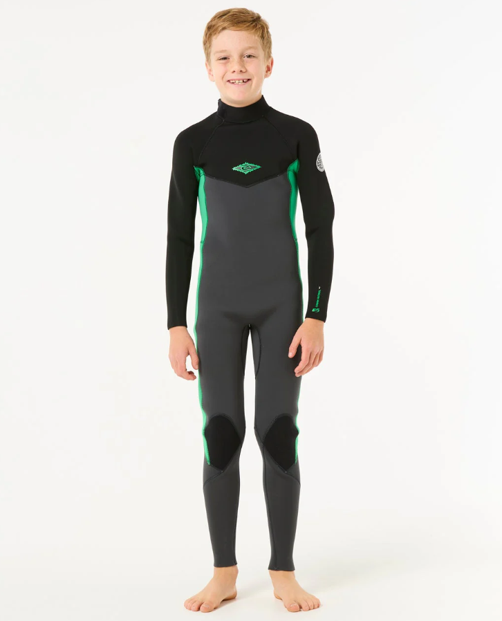 Rip Curl Kids Dawn Patrol 4/3mm GBS Back Zip Wetsuit in black, gunmetal and neon green from front