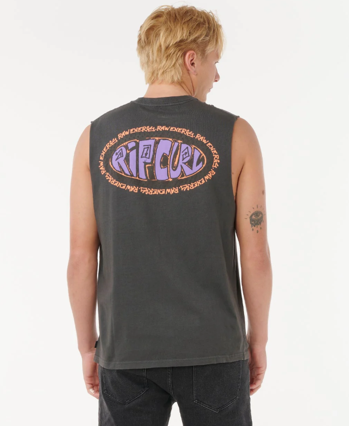 Rip Curl De Oval Mens Muscle in washed black on model from rear