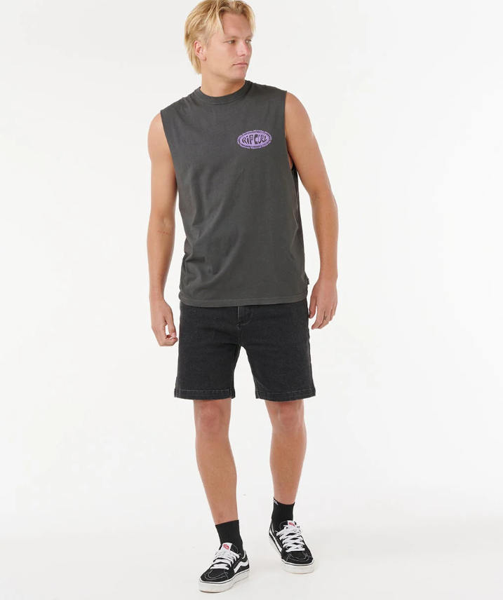 Rip Curl De Oval Mens Muscle in washed black on model from front