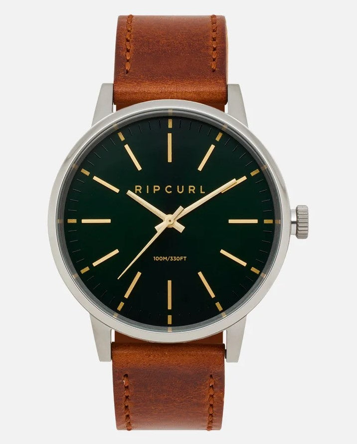 Rip Curl Drake Leather Surf Watch in emerald colour with brown leather strap