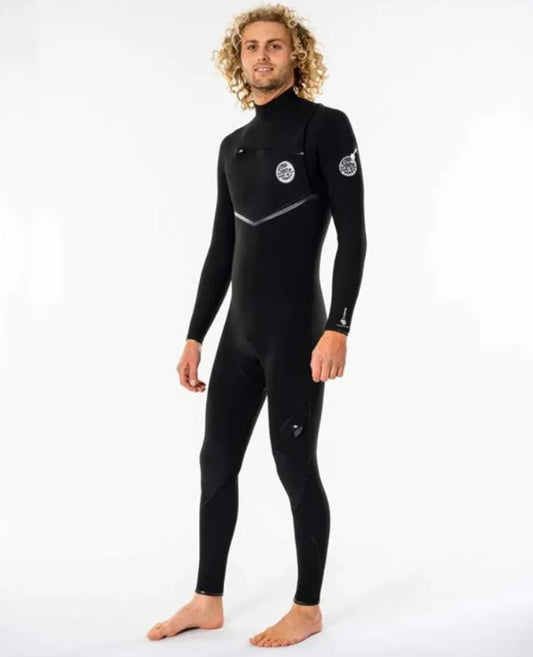 Rip Curl E Bomb 3/2mm E7 Chest Zip Wetsuit in black from front/side view