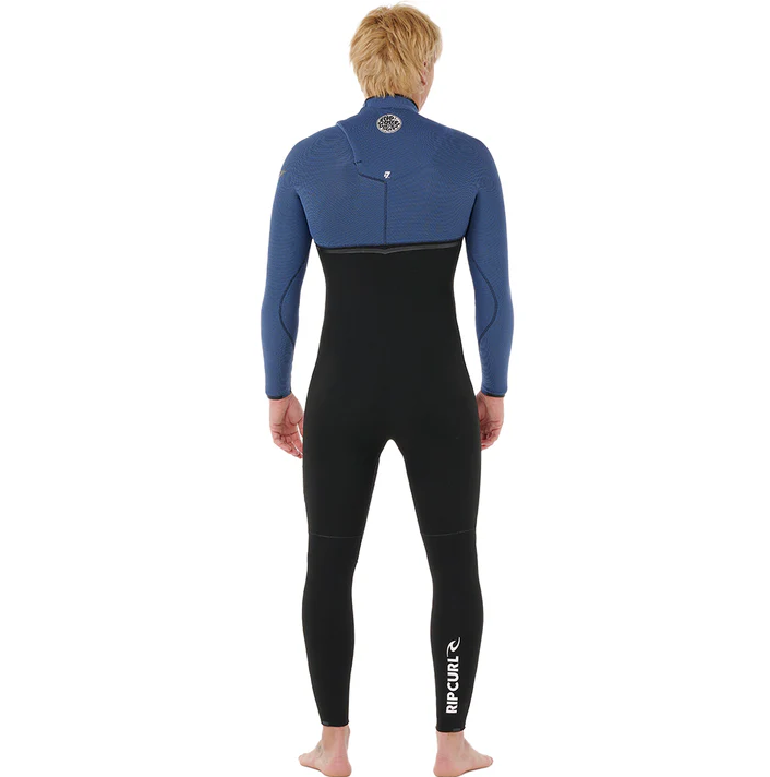 Rip Curl E Bomb 3/2mm Chest Zip Wetsuit in black and navy blue from rear