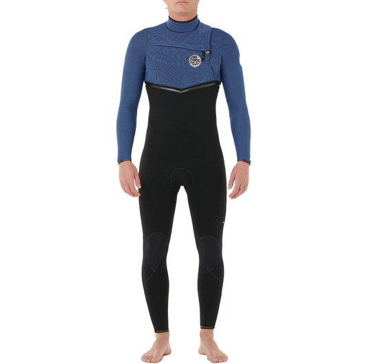 Rip Curl E Bomb 3/2mm Chest Zip Wetsuit in black and navy blue from front