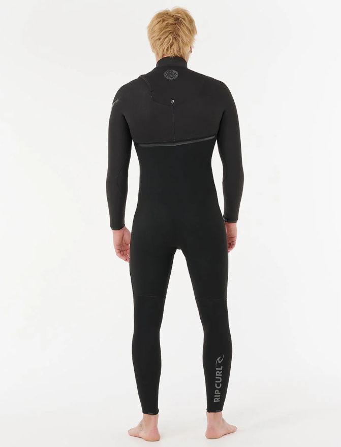 Rip Curl E Bomb 3/2mm Zip Free Wetsuit in black on model from rear