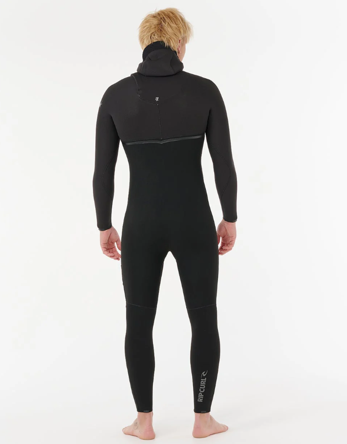 Rip Curl E Bomb 4/3mm Zip Free Hooded Wetsuit in black from rear