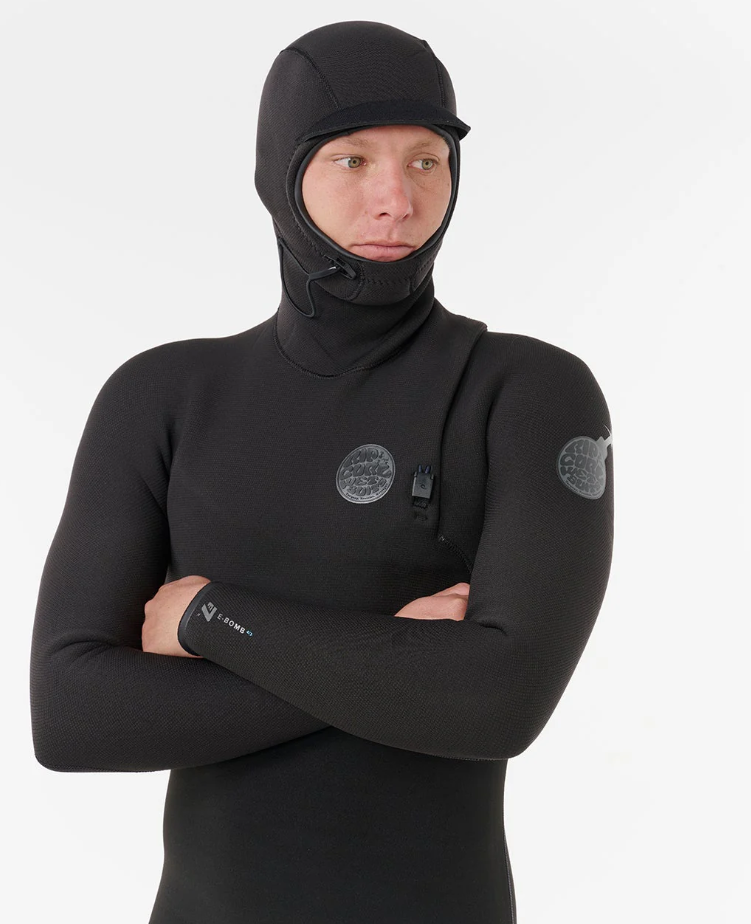 Rip Curl E Bomb 4/3mm Zip Free Hooded Wetsuit in black with hood up from front