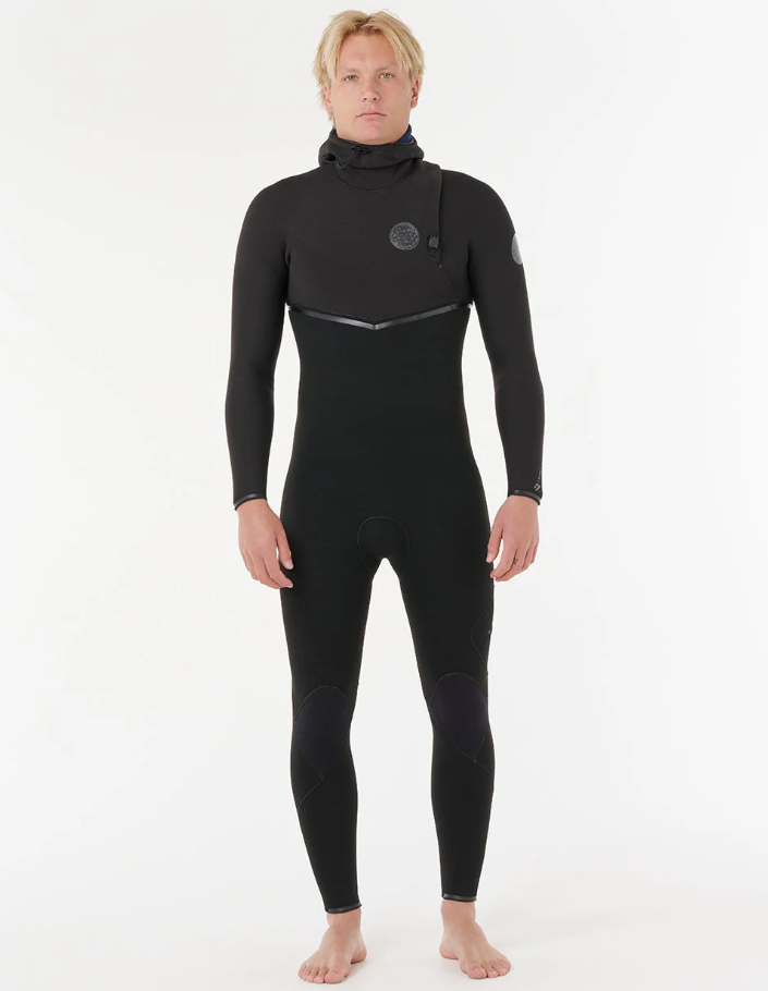 Rip Curl E Bomb 4/3mm Zip Free Hooded Wetsuit in black on model from front