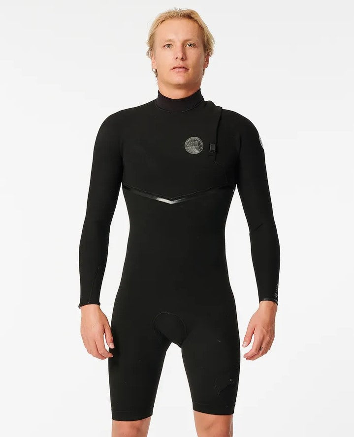 Rip Curl E Bomb 2mm Z/F Long Sleeve Spring Wetsuit in black on model from front