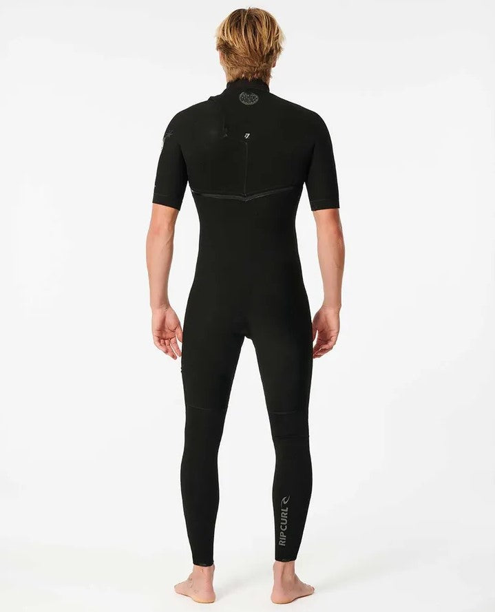 Rip Curl E Bomb 2mm GBS Zip free Short Sleeve Wetsuit in black from rear on model