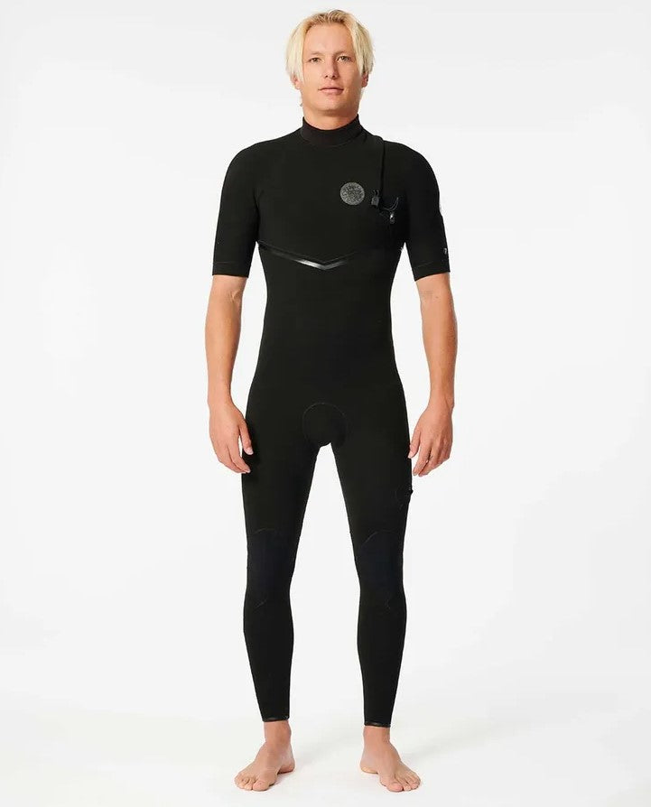 Rip Curl E Bomb 2mm GBS Zipfree Short Sleeve Wetsuit in black from front on model