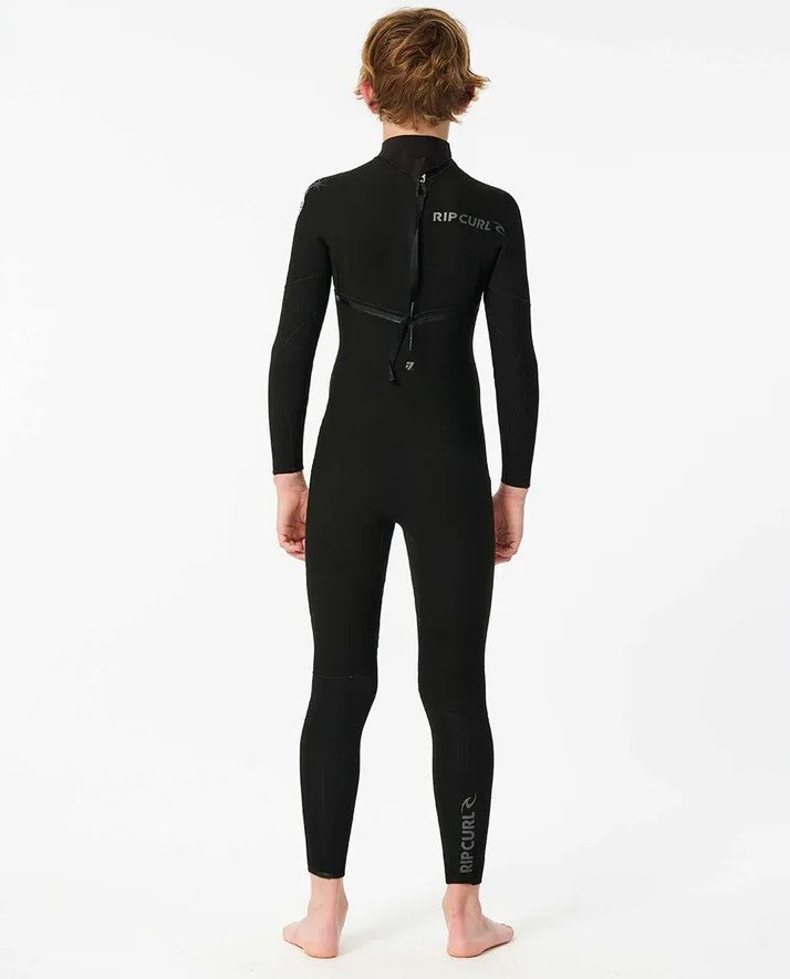 Rip Curl Youth E Bomb 3/2mm GBS Back Zip Wetsuit in black on model showing rear view