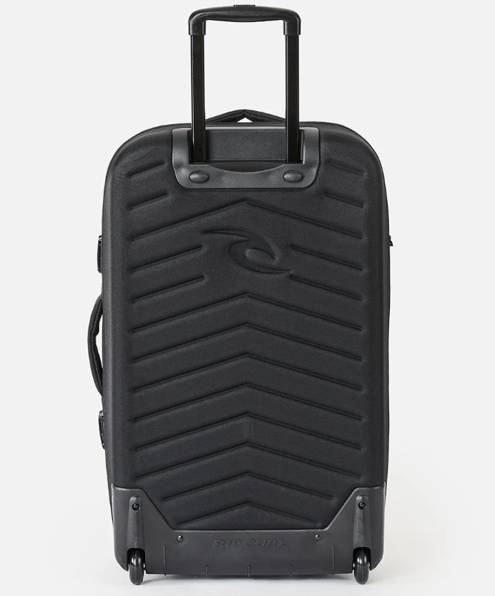 Rip Curl F-Light Global 100 Litre Bossanova Travel Bag in black with floral detail from rear showing hard shell base