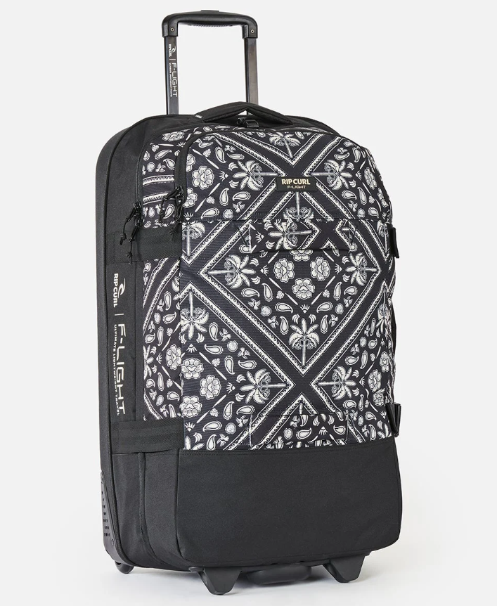 Rip Curl F-Light Global 100 Litre Bossanova Travel Bag in black with floral detail from front/side view