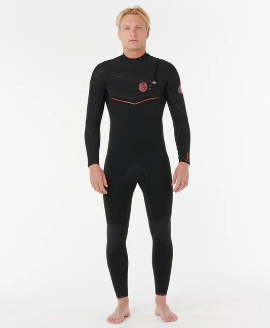 Rip Curl Fbomb Fusion 4/3mm Chest Zip Wetsuit in black on model from front