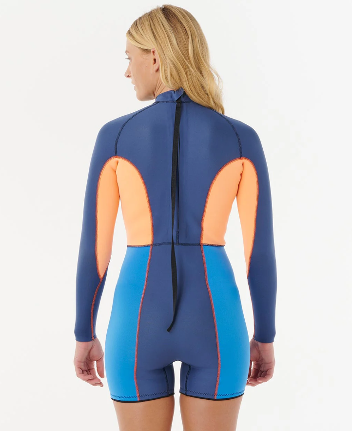 Rip Curl G Bomb 2mm Long Sleeve GBS Womens Wetsuit in electric blue on model from rear