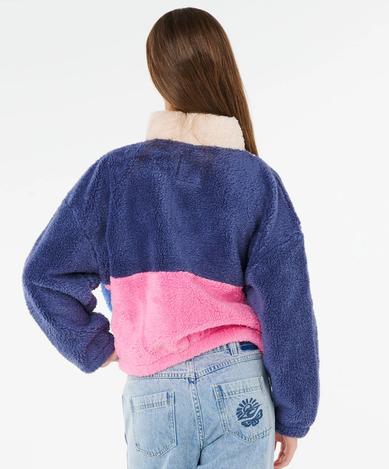 Rip Curl Girl's Block Party Polar Fleece in navy multi colour on girl model  from rear