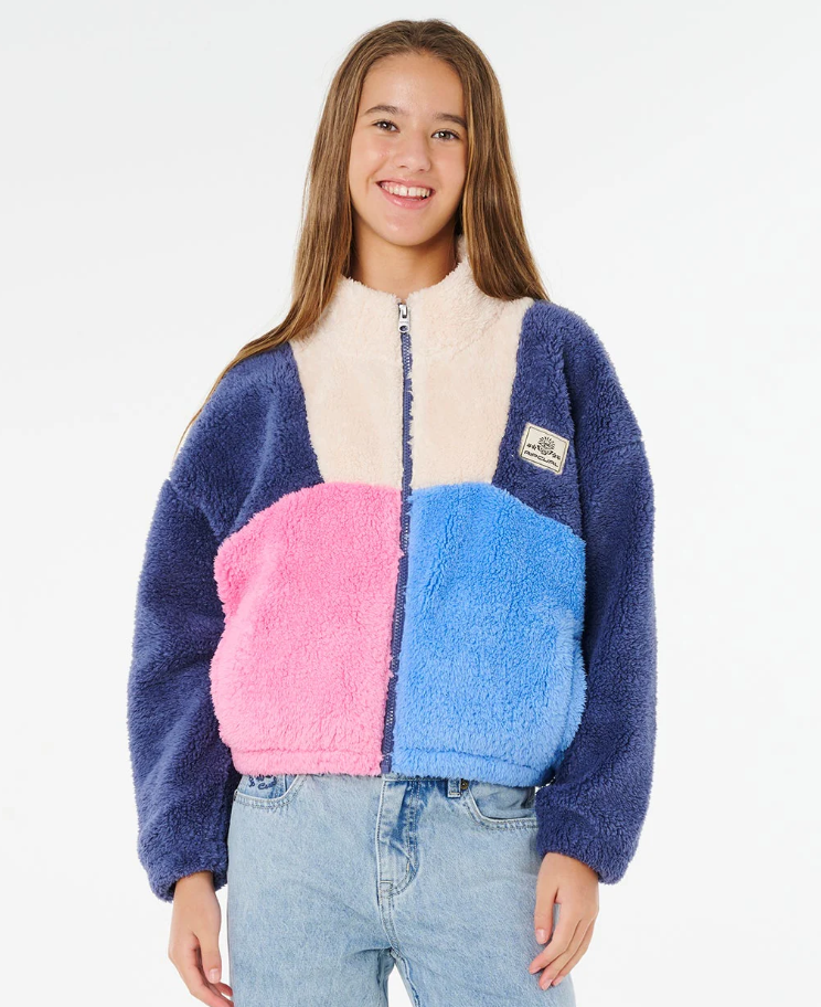 Rip Curl Girl's Block Party Polar Fleece in navy multi colour on girl model from front close up