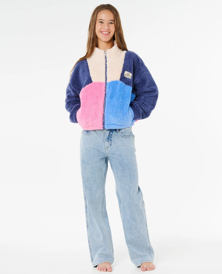 Rip Curl Girl's Block Party Polar Fleece in navy multi colour on girl model in blue jeans