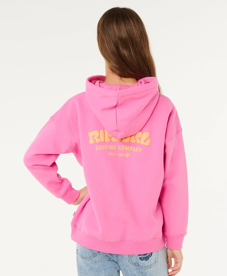Rip Curl Girl's Surf Puff Heritage Hoodie in pink on model in light blue jeans from rear close up showing puff print