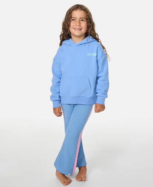 Rip Curl Girls Surf Puff Party Hoodie in cornflower blue on model from front