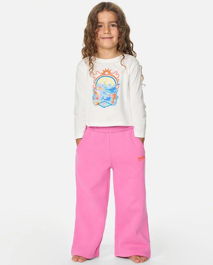 Rip Curl Girls Surf Puff Wide Leg Trackpants in pink on model from front