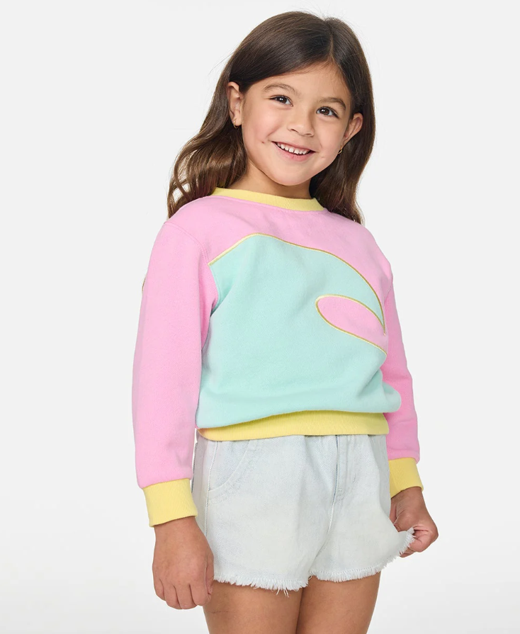 Rip Curl Toddler Girls Surf Wave Crew in pink, blue and yellow on model from front close up