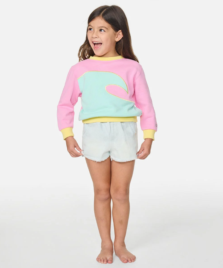 Rip Curl Toddler Girls Surf Wave Crew in pink, blue and yellow on model from front