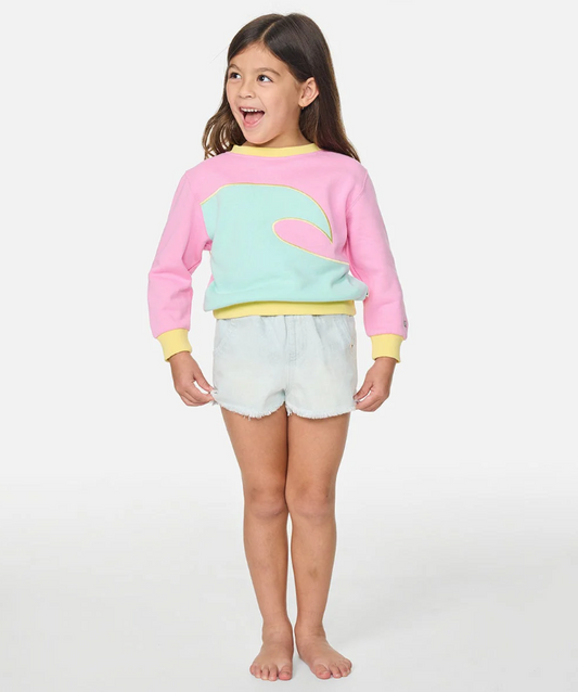 Rip Curl Toddler Girls Surf Wave Crew in pink, blue and yellow on model from front