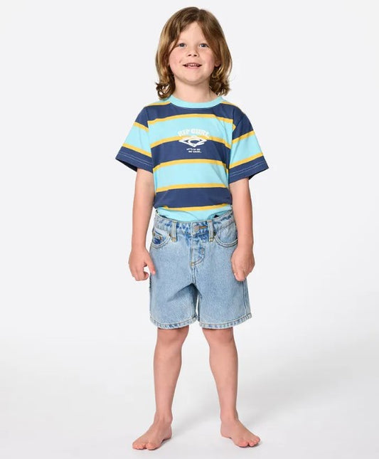 Rip Curl Groms Hyped Up Denim Shorts in washed blue on kid in striped t-shirt from front