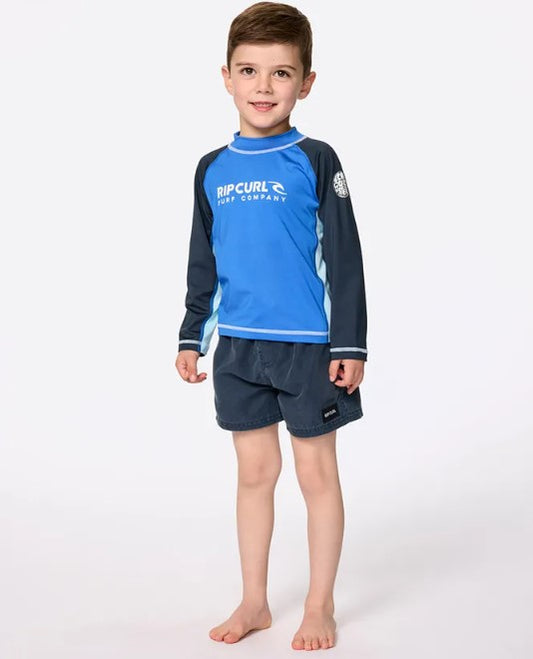 Rip Curl Groms Shock UPF LS Rash Top  with a blue gum coloured body and navy arms