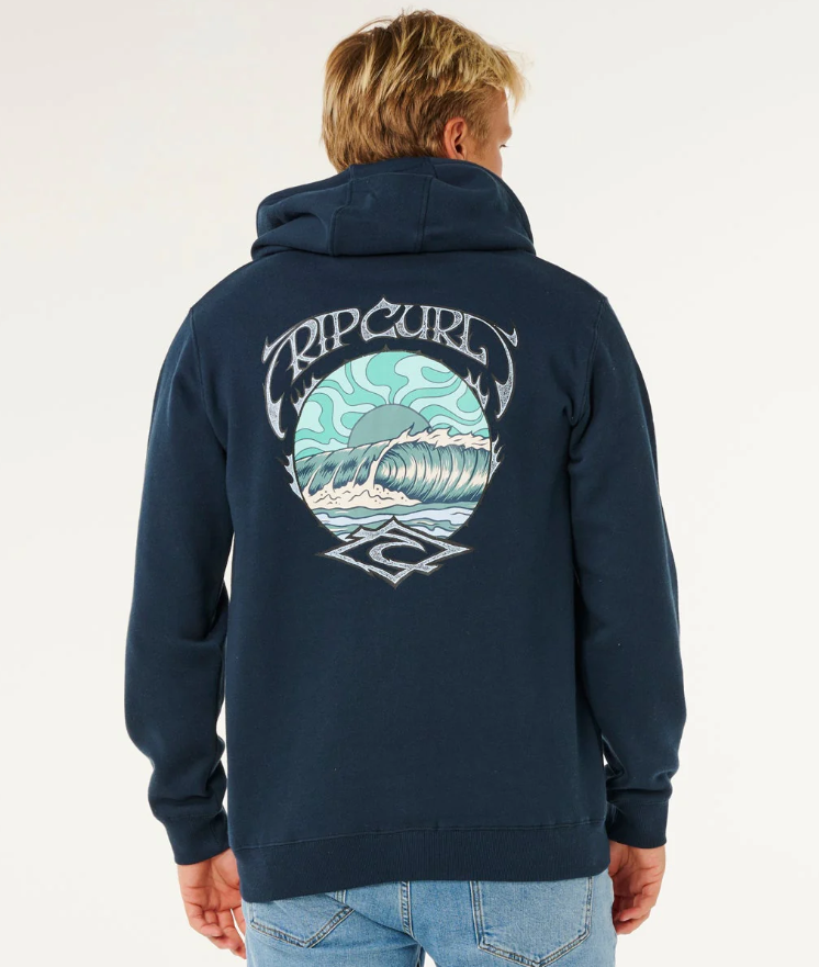 Rip Curl Hazey Days Zip Thru Hoodie in dark navy on model from rear close up