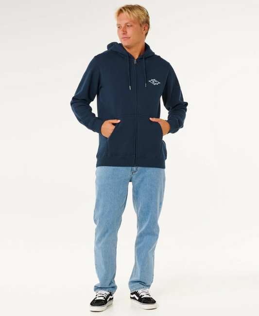 Rip Curl Hazey Days Zip Thru Hoodie in dark navy from front on Korbin Hutchings in light blue denim jeans