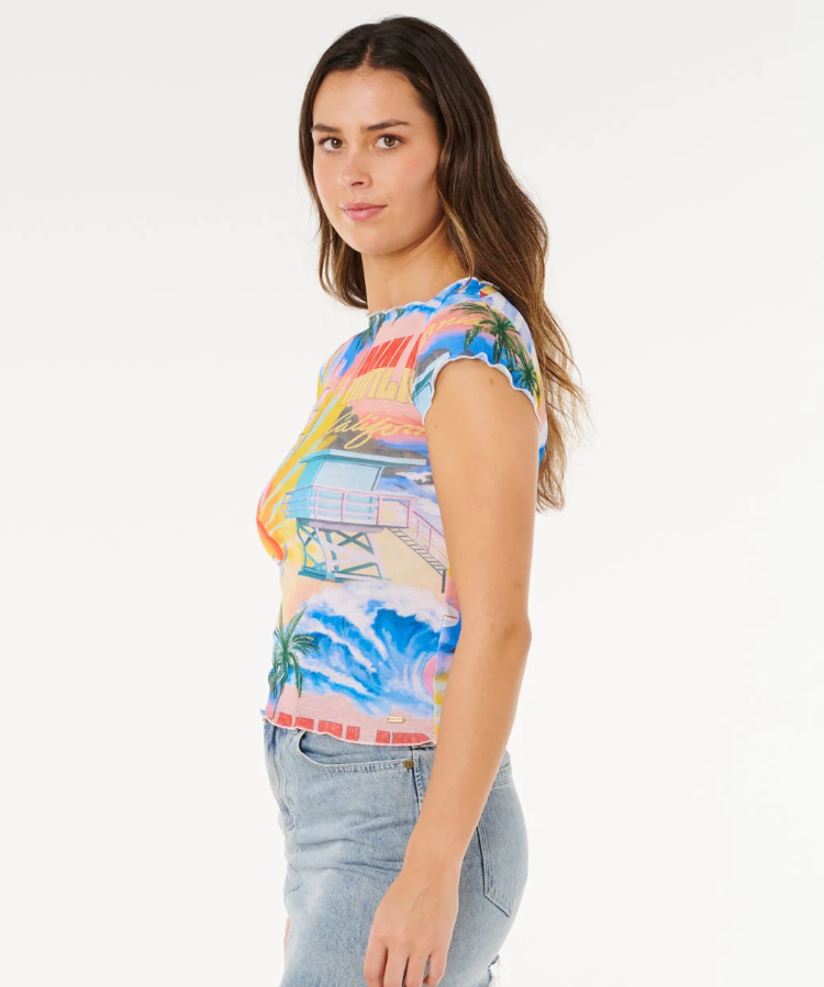 Rip Curl Hotel Malibu Sheer Top in multi colour on model from side