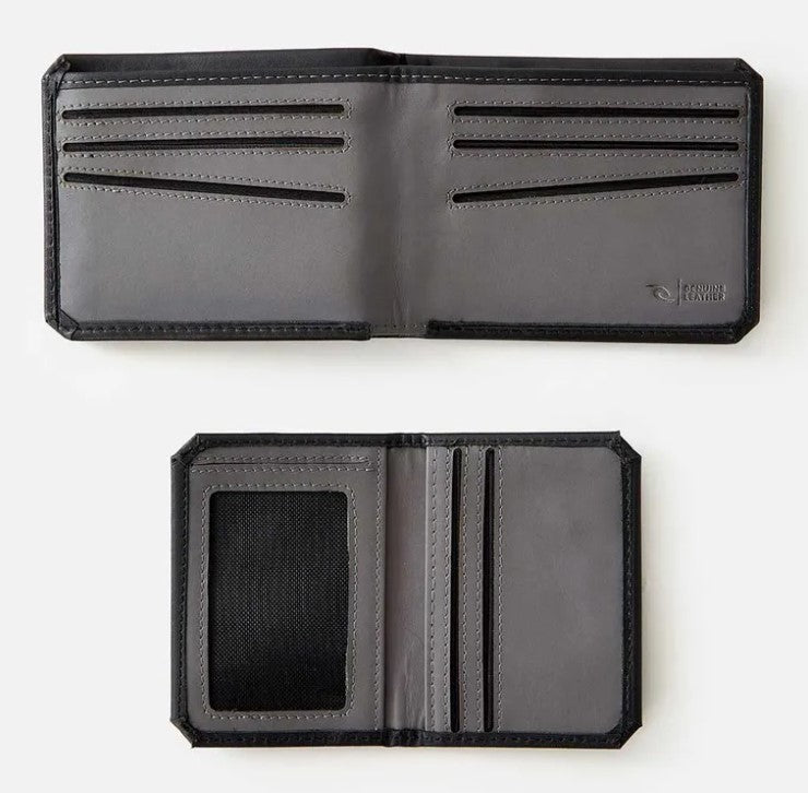 Rip Curl Hydro RFID 2 In 1 Leather Wallet in black showing inside and both parts