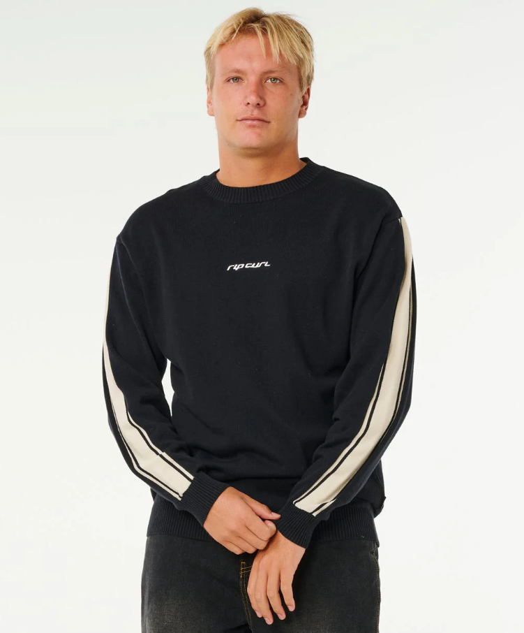 Rip Curl Inner Visions Stripe Knit Crew in black on model from front close up
