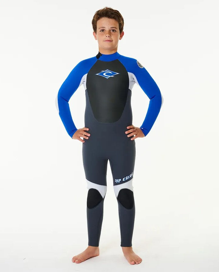 Rip Curl Omega 3/2mm Youth BZ Wetsuit  in blue colourway with gunmetal colour legs and body, black smoothskin, white trim