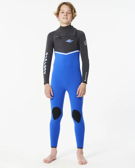 Rip Curl Kids Flashbomb 4/3 Chest Zip Wetsuit in blue and black from front