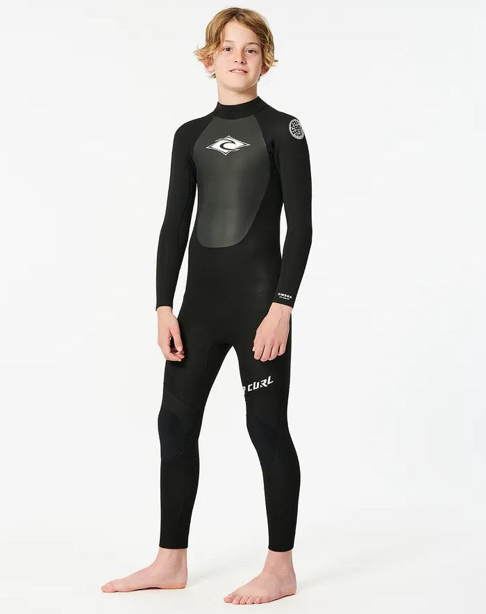 Rip Curl Omega Junior 3/2mm GBS Back Zip Wetsuit  in black from front